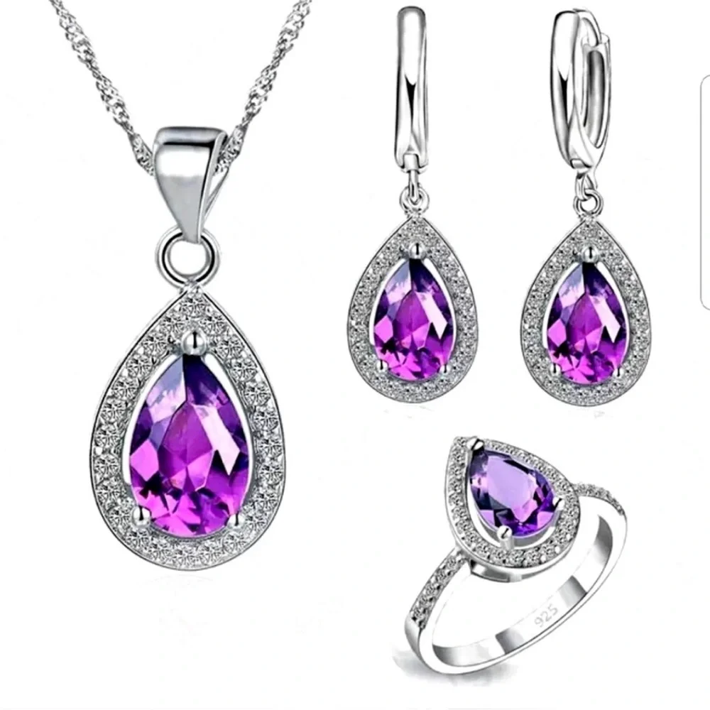 Swarovski Elements 925 Sterling Silver Amethyst Purple Teardrop Ring NEW